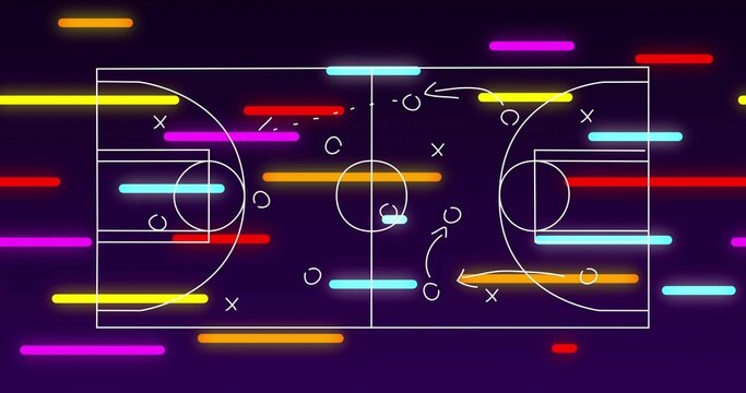 Displaying white-line court plan with X or O markers, arrows and dots on purple canvas, neon streaks