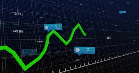 Fototapeta premium Displaying neon green line graph climbing across dark 3D grid, showing blue engagement labels