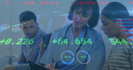 Writing nurse in scrubs with stethoscope holding clipboard and consulting pair at clinic with HUD