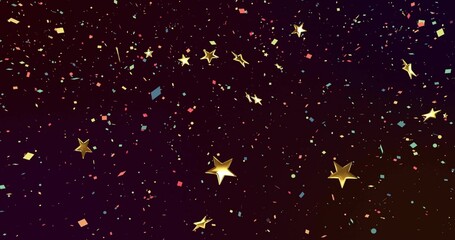 Floating glossy gold stars drifting through digital void, with colorful confetti