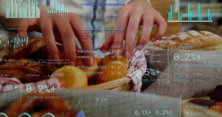 Obraz premium Arranging woman's hands handling rolls in basket at market, wearing light top with data overlays