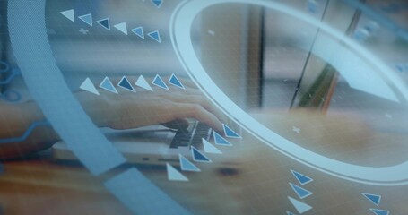 Typing adult hands composing email on laptop keyboard at wooden desk, HUD overlays