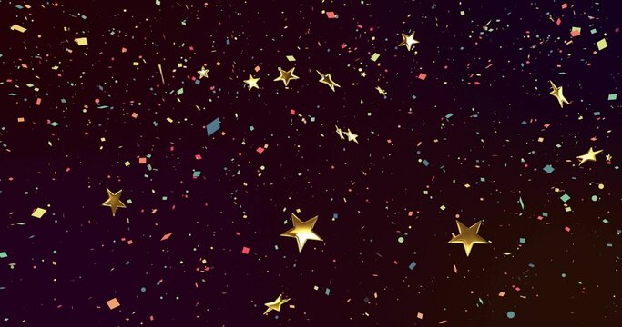 Floating glossy gold stars drifting through digital void, with colorful confetti
