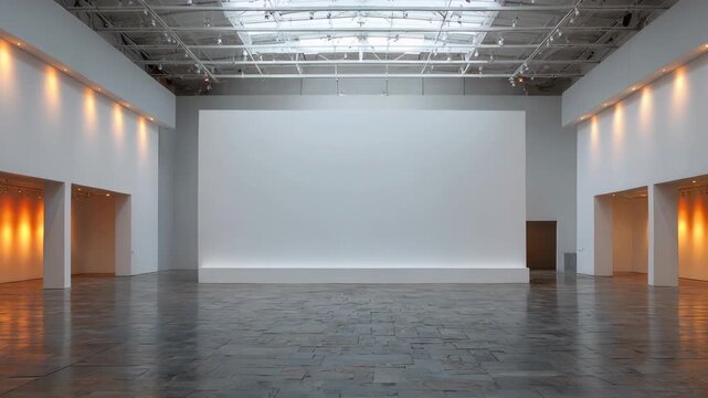 Modern art gallery with large empty wall and warm lighting for upcoming exhibition