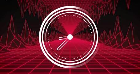 Glowing white clock icon anchoring virtual tunnel, with neon red grid and wireframe mountains © vectorfusionart