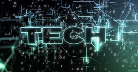 Fototapeta premium Glowing three-dimensional TECH text floating in virtual network, with binary digits and nodes