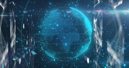 Fototapeta premium Floating cyan-blue holographic globe rotating within dark virtual studio, with rings and scan lines