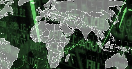 Showing translucent world map over dark market dashboard, displaying green line charts and arrows © vectorfusionart