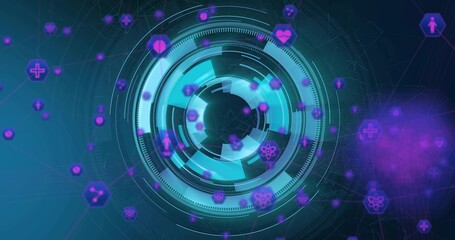Rotating circular HUD scanning in virtual dashboard, with hex icons, medical crosses, network lines