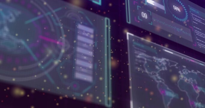 Floating translucent holographic panels showing HUD data in control room, with radar and world map