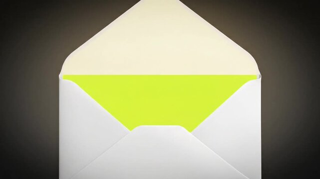 An open white envelope with a bright green insert is viewed from the front against a dark gradient background