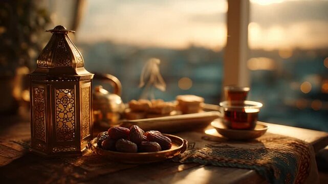 Traditional Ramadan decorations with lantern and dates on a table at sunset.