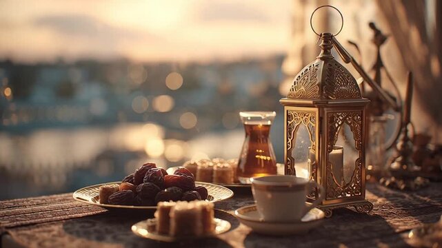 Traditional Middle Eastern tea setting with dates and pastries on a decorative table.