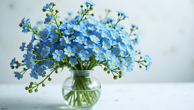 Soft-focused closeup of blue and white forget-me-not flowers in a transparent glass vase on a light background, fresh green stems and leaves, gentle natural light, delicate floral still life