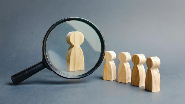 Wooden figurines representing a group of people being inspected closely under a magnifying glass. Conceptual for law enforcement, investigation, and scrutiny.