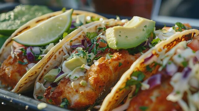 A close-up of tacos covered in toppings, sitting on a plate.