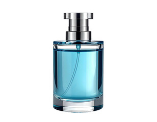 A glass perfume bottle with blue liquid, silver cap, dark backdrop