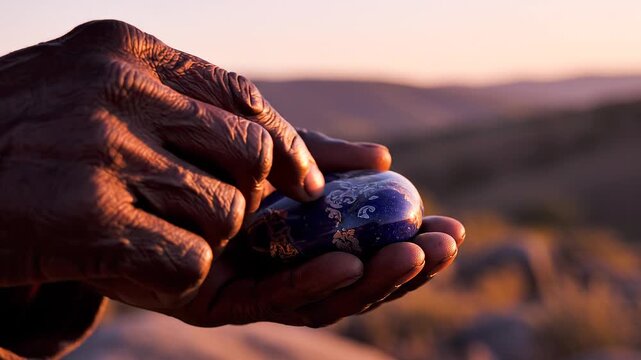 Hand holding small blue opal stone.