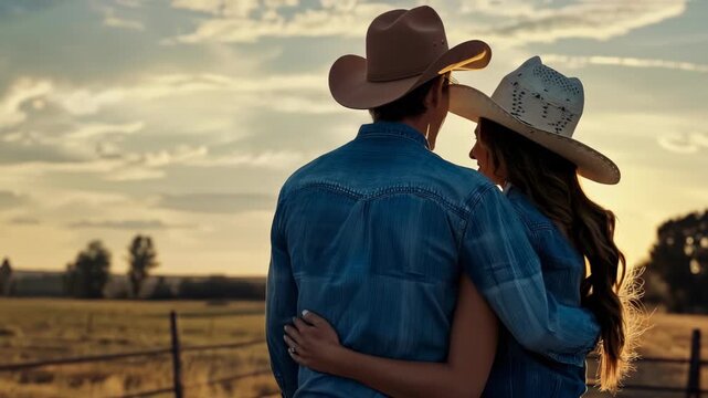 Couple enjoys romantic moment at sun down in rural setting