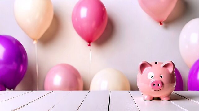 A piggy bank with heart-shaped glasses on table in restaurant during a date, with flowers and glasses of wine. Heart-shaped balloons at background