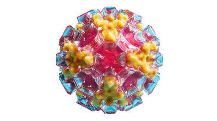 Detailed render of a colorful, multi-faceted spherical pathogen with geometric yellow/red/blue spikes