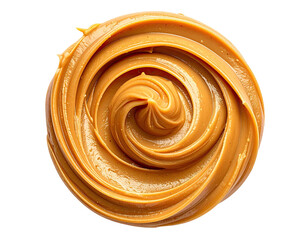 Swirled smooth and creamy, golden-brown spread, top-down view