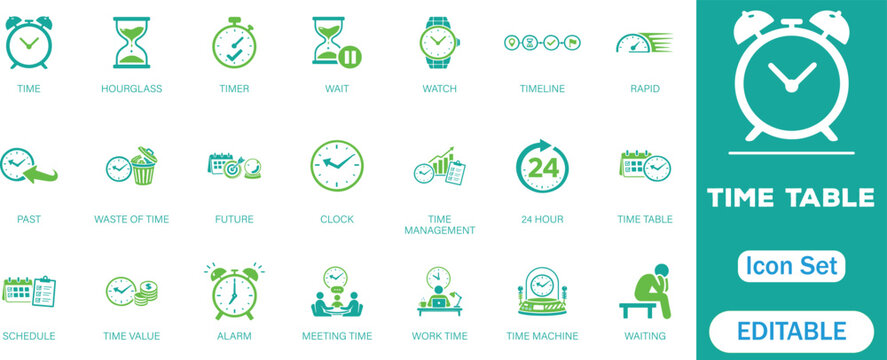 
Time icon set. Timer, alarm, schedule, hourglass, clock, Meeting Time, work, hours, Waste of Time, Timetable, Timeline, Time Value and more icons. perfect vector icon collection.
