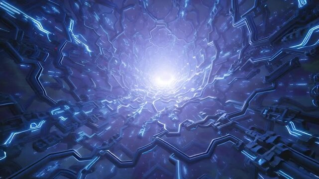Futuristic Circuit Board with Glowing Blue Pathways and Central Light Source.
