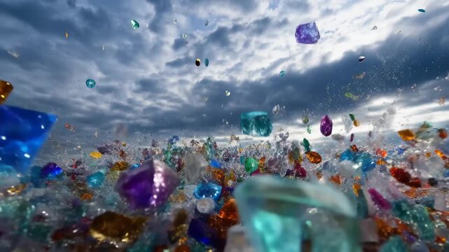Colorful bits of glass scattered on the ground under cloudy sky during daytime