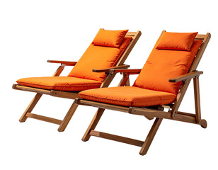 Two wooden outdoor chairs with bright orange cushions, ready for relaxation
