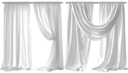 Four white drapery panels, each with soft folds, translucent, light