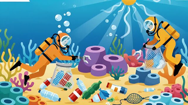 Scuba divers collecting trash underwater for ocean cleanup