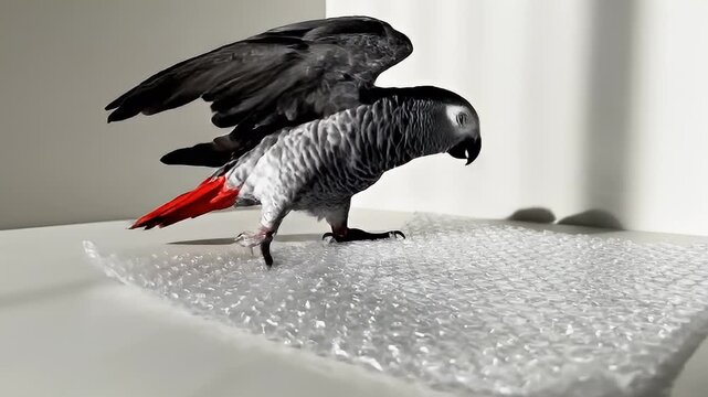 Playful parrot investigates bubble wrap on a table indoor shot.