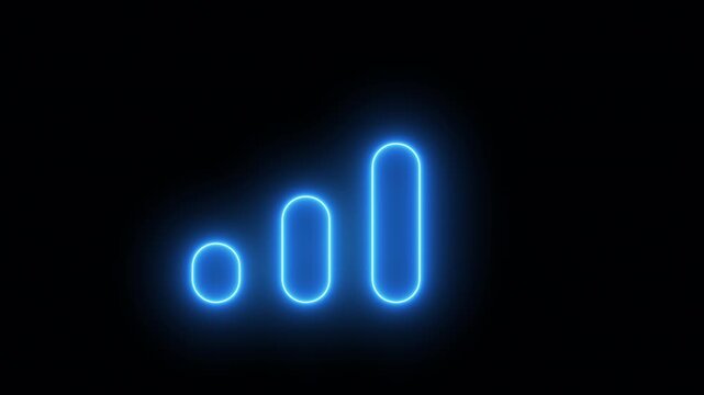 Signal strength indicator animation changing from weak to strong with neon blue glow effect, representing connectivity improvement, wireless network status, and digital communication concept