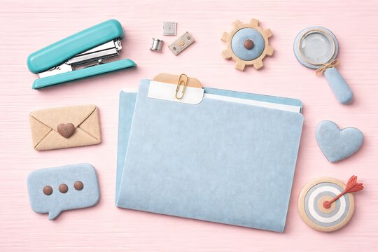 Flat lay of teal stapler,file folder,web apps on soft pink wooden background.