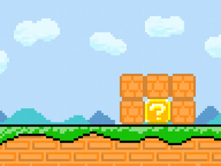 Retro Pixel Game Scene With Question Block
