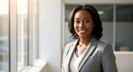 Fototapeta premium Black businesswoman standing in modern office interior