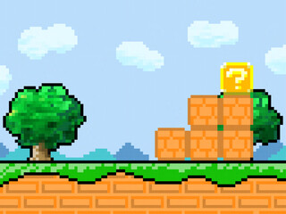 Pixel Art Brick Stair And Question Block Stage