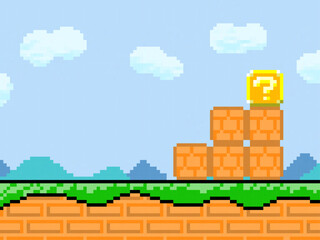Pixel Art Brick Stair And Question Block Stage