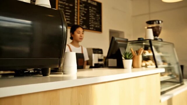 Customer ordering coffee at a modern cafe counter