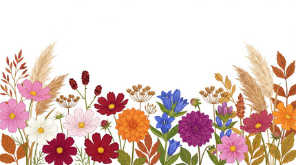 Autumn Floral Botanical Illustration Background - Elegant Flat Design with Cosmos and Dahlias