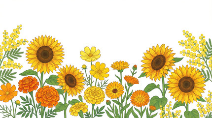 Radiant Summer Flower Illustration Background - Bright Flat Design with Sunflowers and Marigolds
