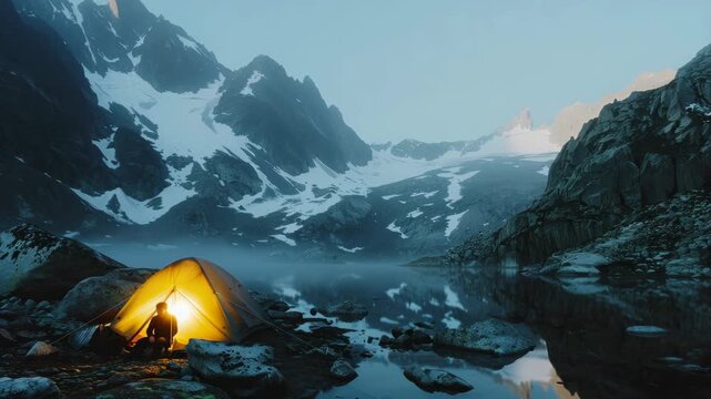 A tranquil winter camping scene with a tent pitched next to a serene mountain lake.