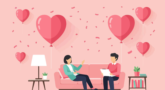 Couple in room with heart balloons and confetti, possibly in therapy