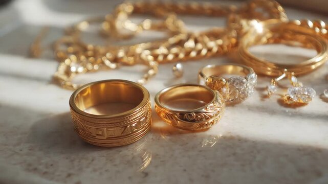 Collection of gold jewelry displayed on a table with rings, earrings, and chains in bright light for casual viewing