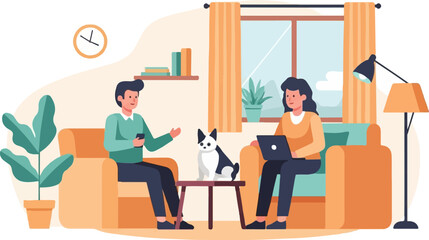 Fototapeta premium Couple with dog in living room, woman uses laptop, man on phone