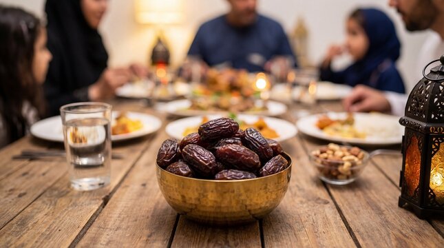 Fresh dates in golden bowl for Iftar Ramadan concept.