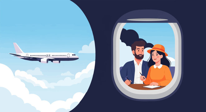 Couple signing papers inside a plane window, with another plane flying nearby