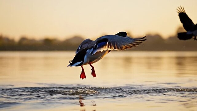 A Mallard duck taking flight from the water wings spread alongside another bird in flight against a blurred background