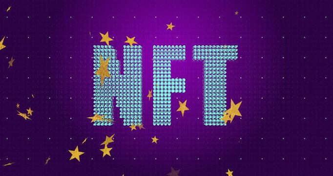 Cyan burst radiating from left, beads clustering and aligning into NFT wordmark for demo